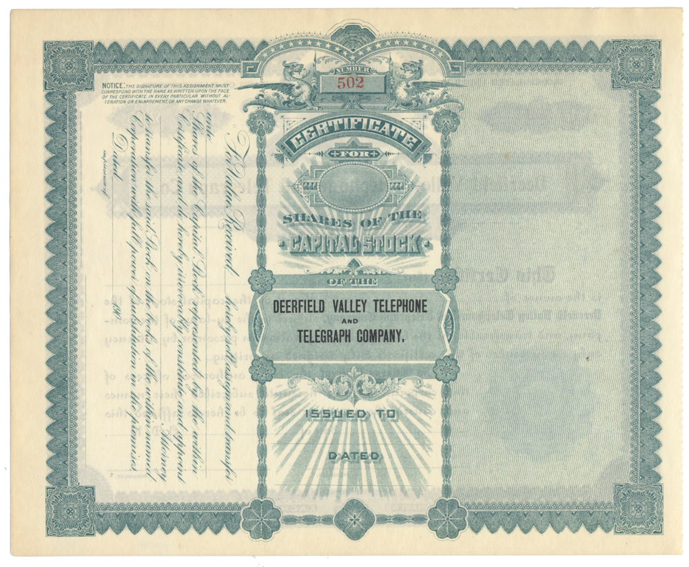 Deerfield Valley Telephone and Telegraph Co. Stock Certificate