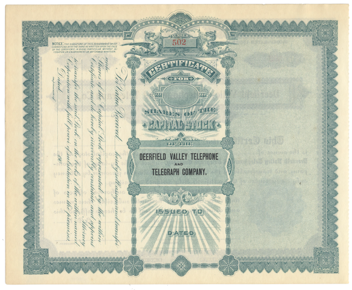 Deerfield Valley Telephone and Telegraph Co. Stock Certificate