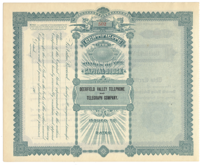 Deerfield Valley Telephone and Telegraph Co. Stock Certificate