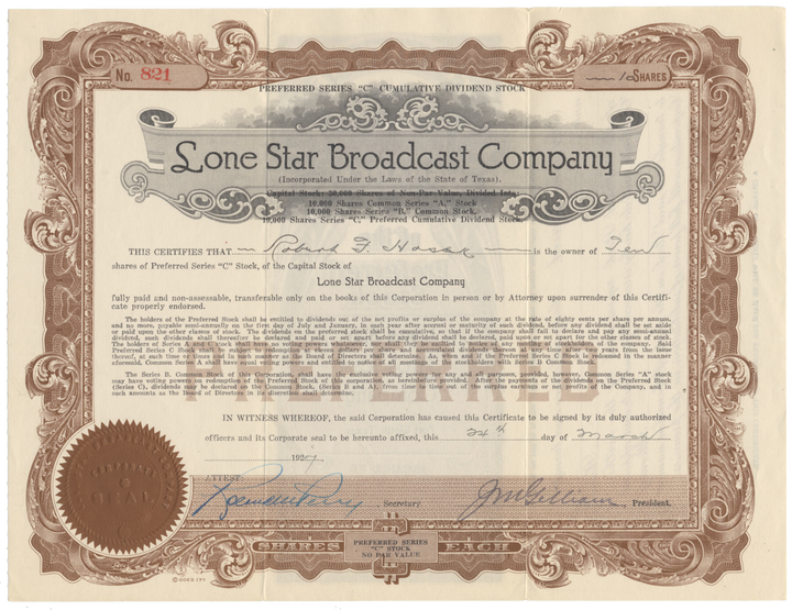 Lone Star Broadcast Company Stock Certificate