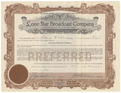 Lone Star Broadcast Company Stock Certificate