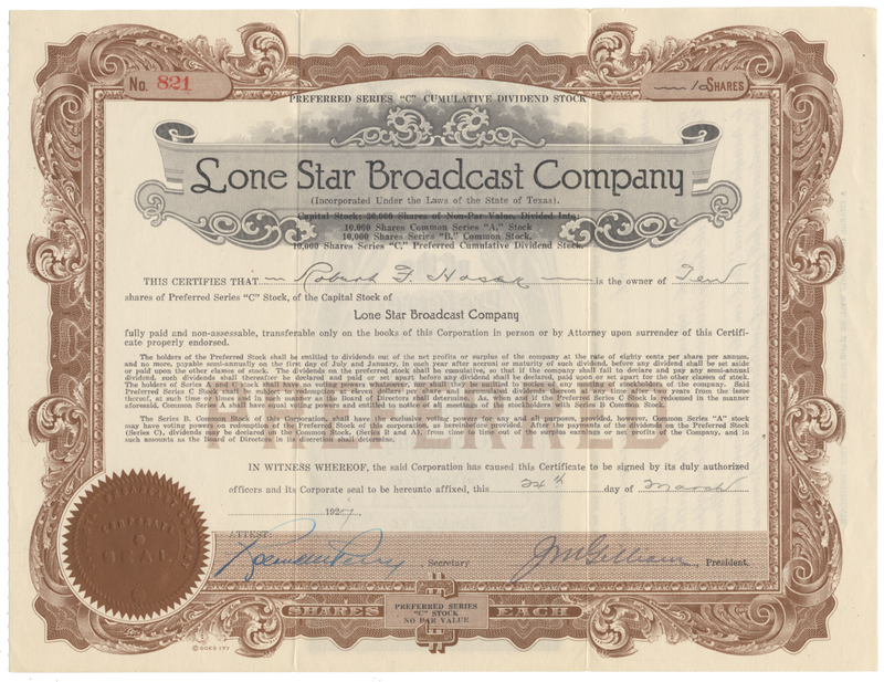 Lone Star Broadcast Company Stock Certificate