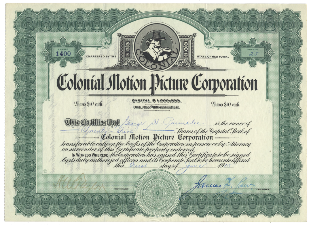 Colonial Motion PIcture Corporation Stock Certificate