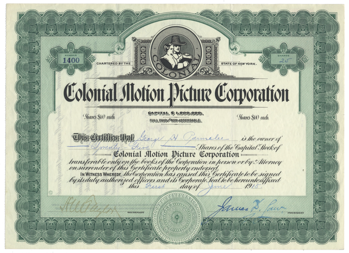 Colonial Motion PIcture Corporation Stock Certificate