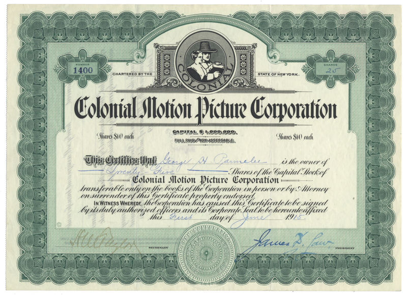 Colonial Motion PIcture Corporation Stock Certificate