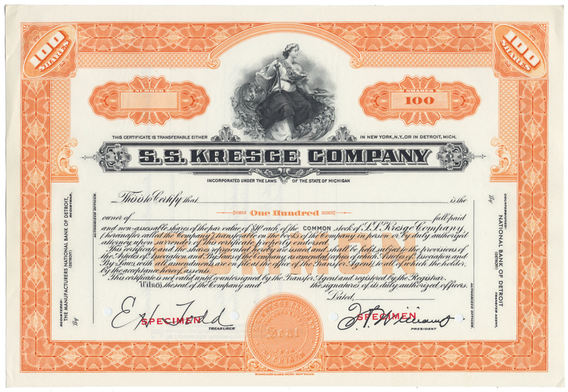 S. S. Kresge Company Specimen Stock Certificate