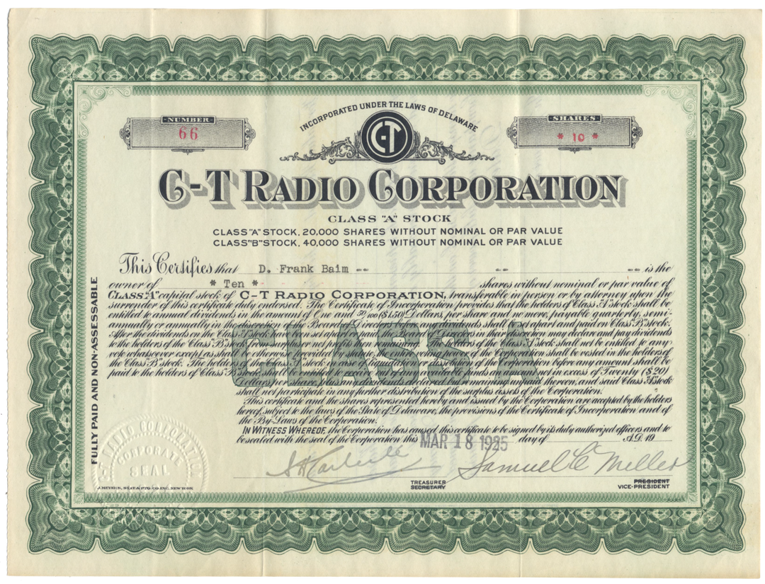 C-T Radio Corporation Stock Certificate