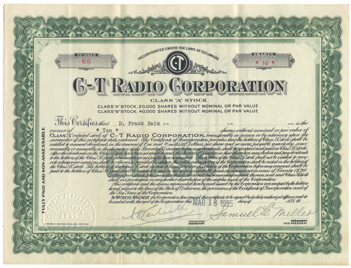 C-T Radio Corporation Stock Certificate