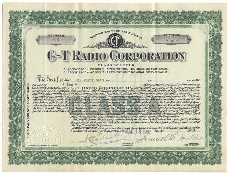 C-T Radio Corporation Stock Certificate