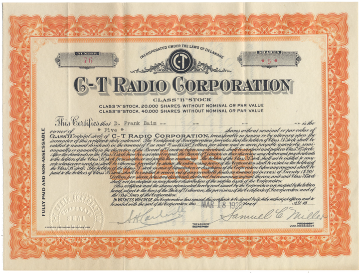 C-T Radio Corporation Stock Certificate