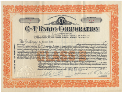 C-T Radio Corporation Stock Certificate