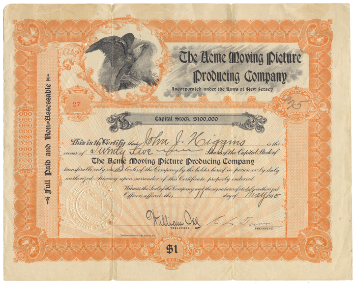 Acme Moving Picture Producing Company Stock Certificate