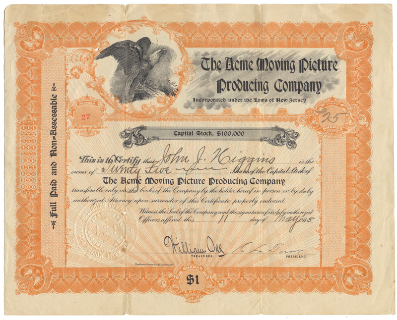 Acme Moving Picture Producing Company Stock Certificate