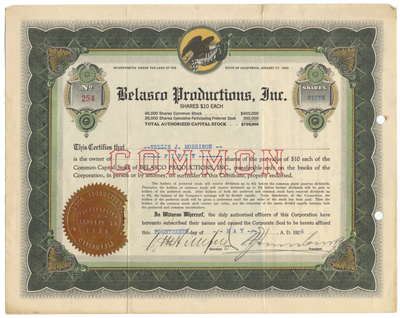 Belasco Productions, Inc. Stock Certificate