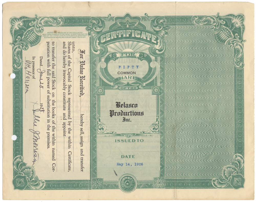 Belasco Productions, Inc. Stock Certificate