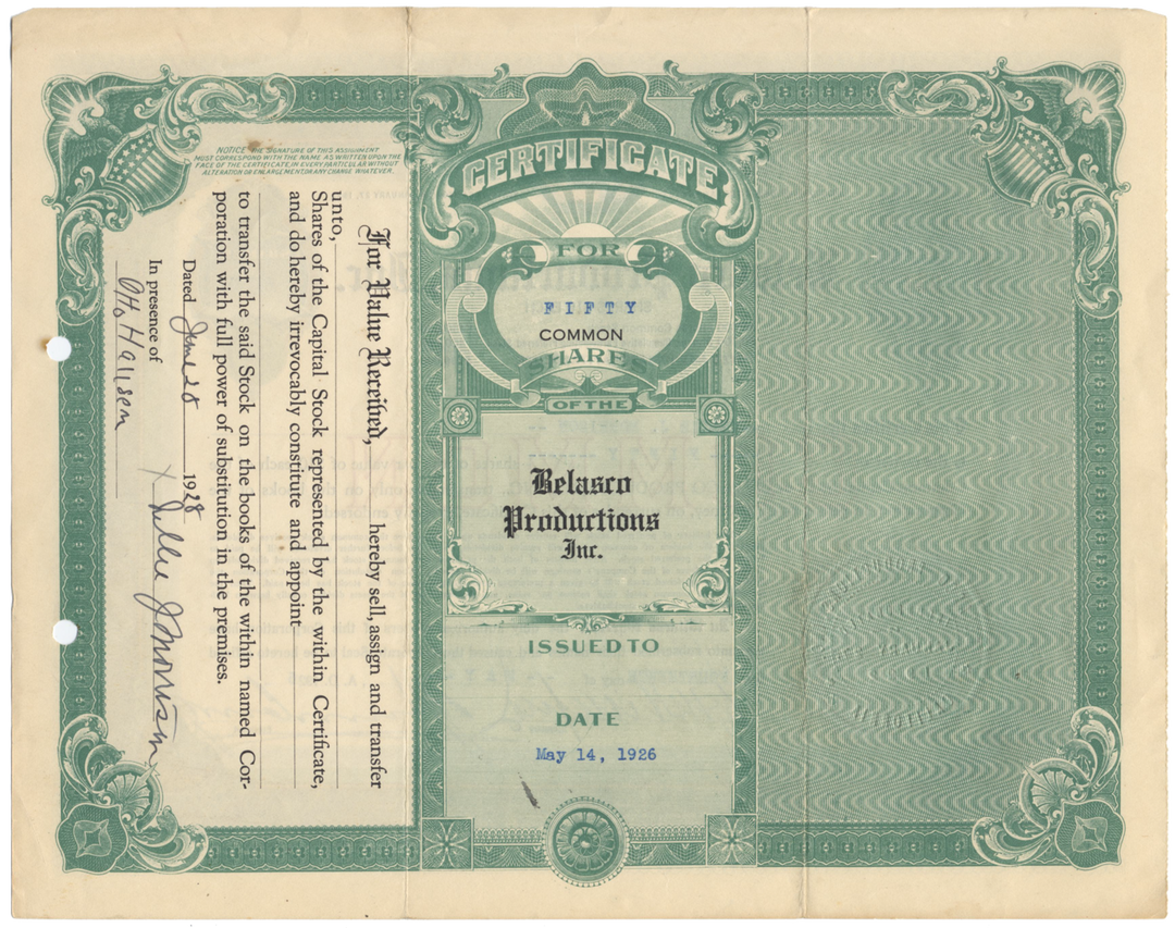 Belasco Productions, Inc. Stock Certificate