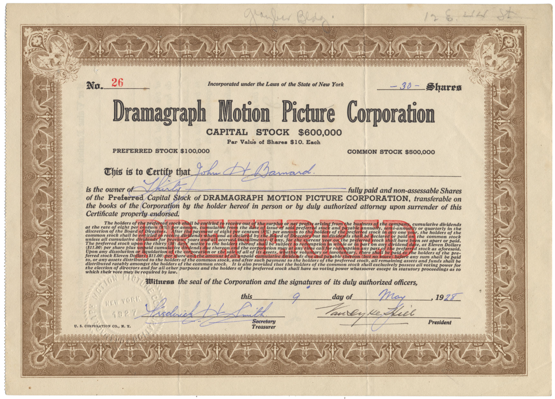 Dramagraph Motion Picture Corporation Stock Certificate