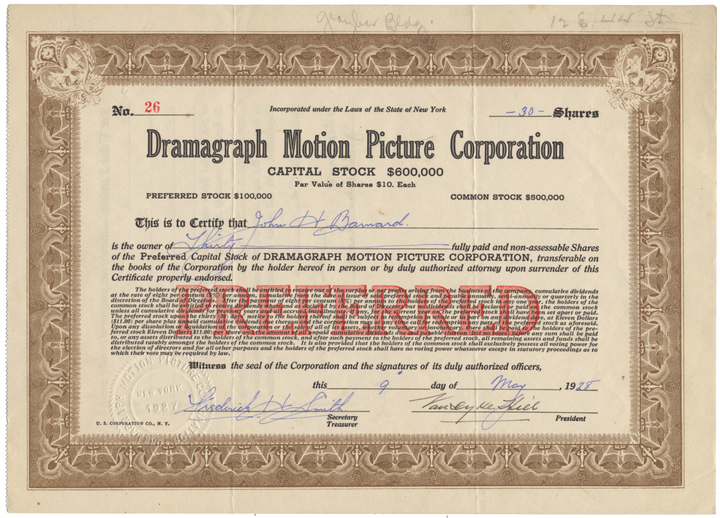 Dramagraph Motion Picture Corporation Stock Certificate