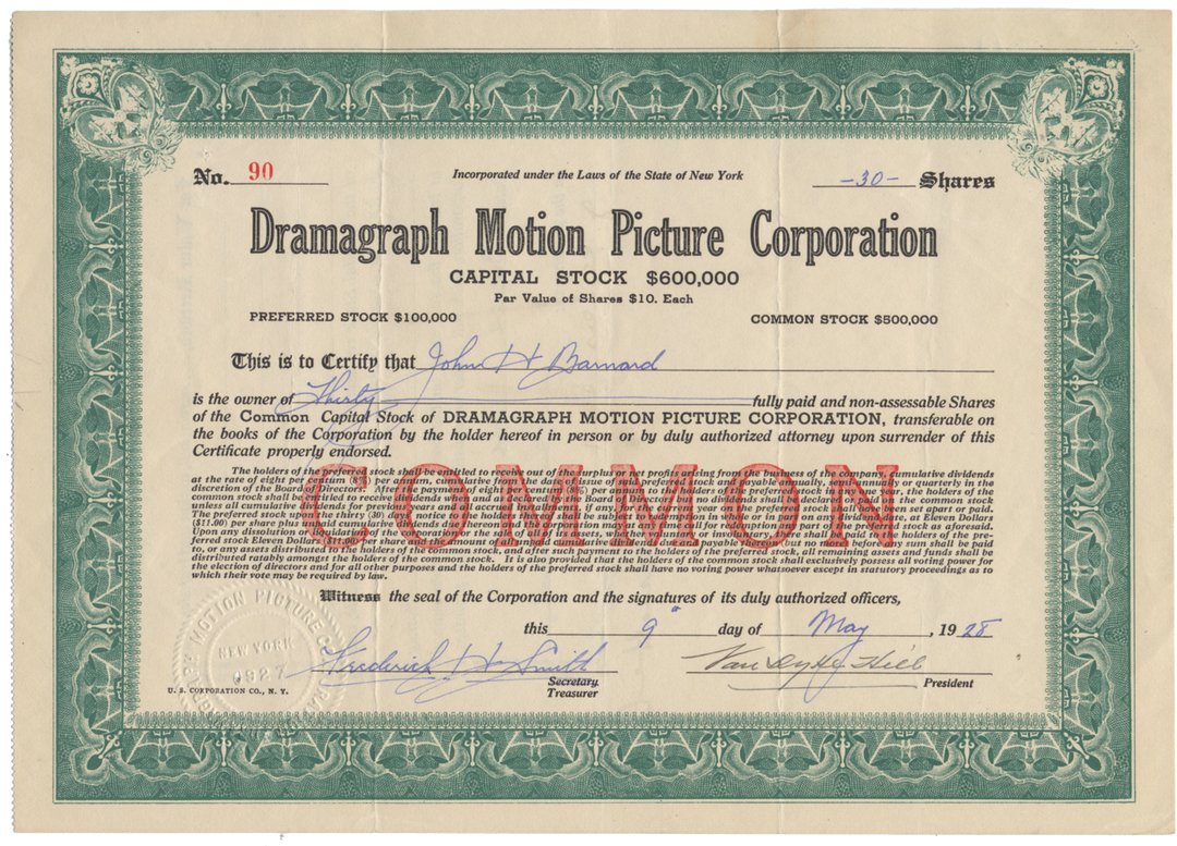 Dramagraph Motion Picture Corporation Stock Certificate