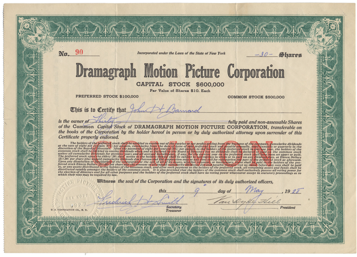 Dramagraph Motion Picture Corporation Stock Certificate