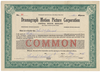 Dramagraph Motion Picture Corporation Stock Certificate