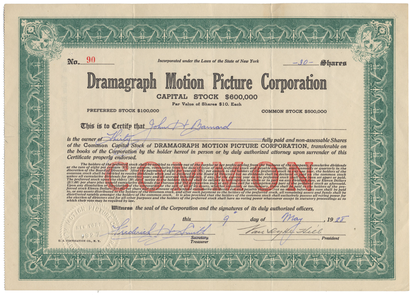 Dramagraph Motion Picture Corporation Stock Certificate