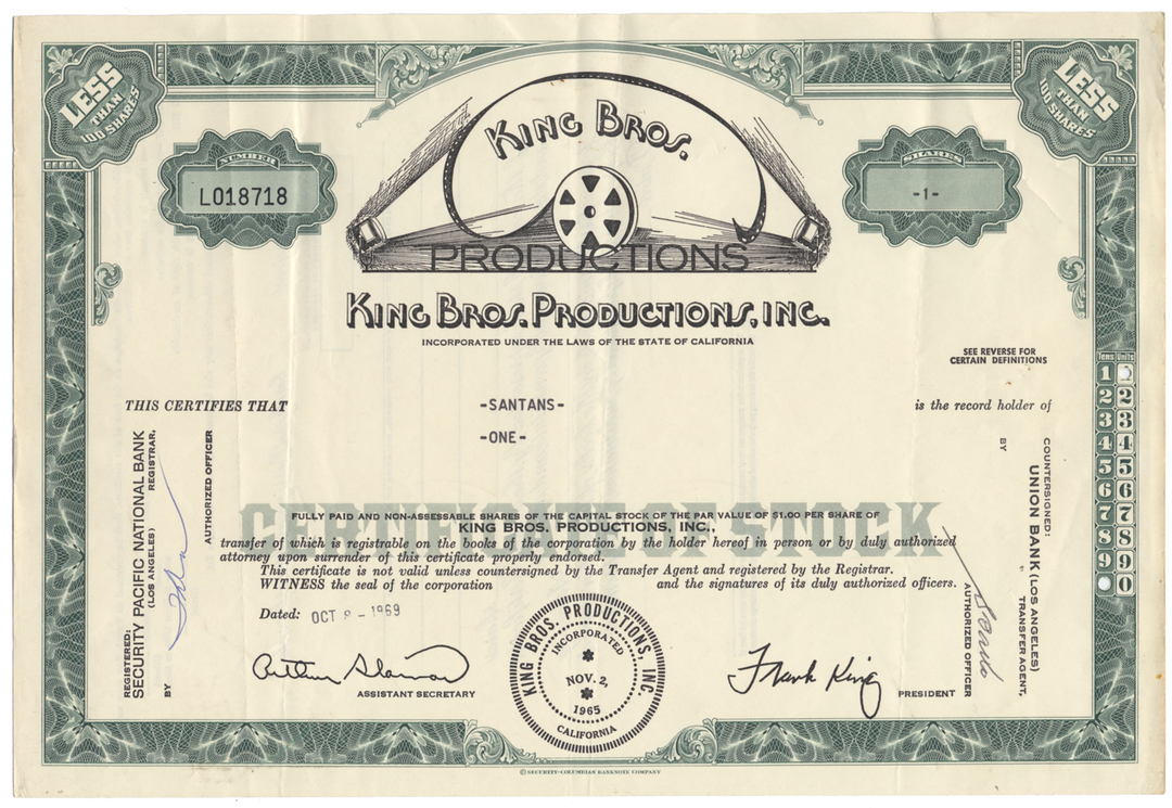 King Bros. Productions, Inc. Stock Certificate