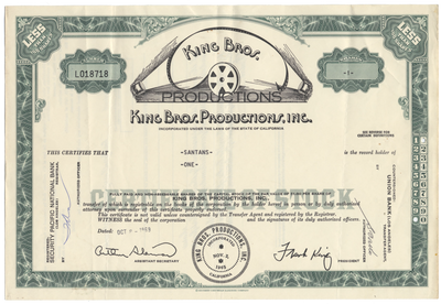 King Bros. Productions, Inc. Stock Certificate