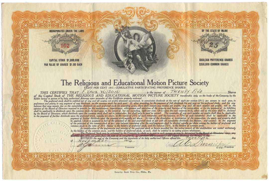 Religious and Educational Motion Picture Society Stock Certificate