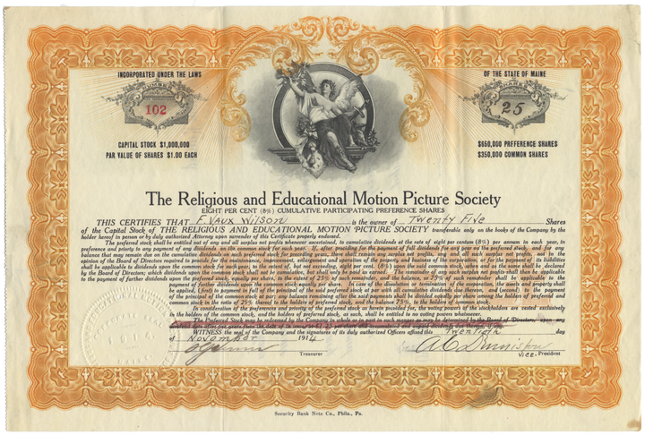 Religious and Educational Motion Picture Society Stock Certificate