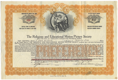 Religious and Educational Motion Picture Society Stock Certificate