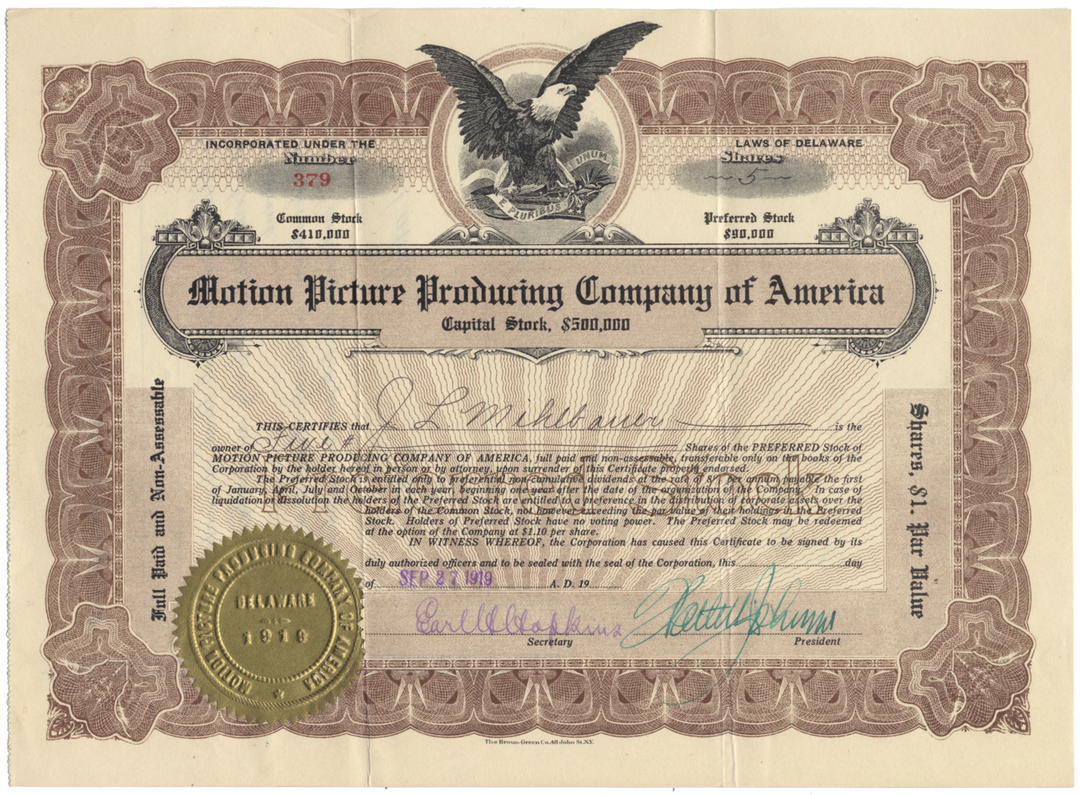 Motion Picture Producing Company of America Stock Certificate