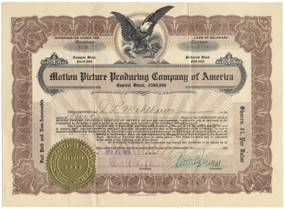 Motion Picture Producing Company of America Stock Certificate