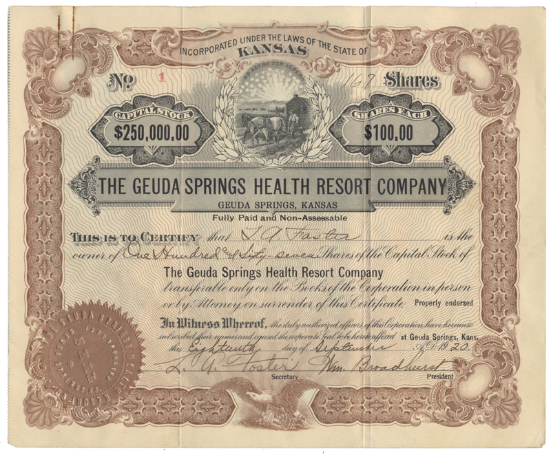 Geuda Springs Health Resort Company Stock Certificate