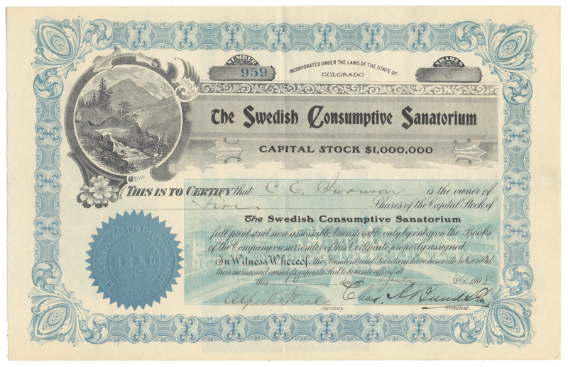 Swedish Consumptive Sanatorium Stock Certificate