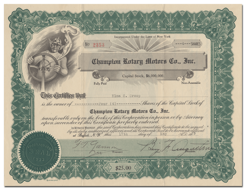Champion Rotary Motors Co., Inc. Stock Certificate