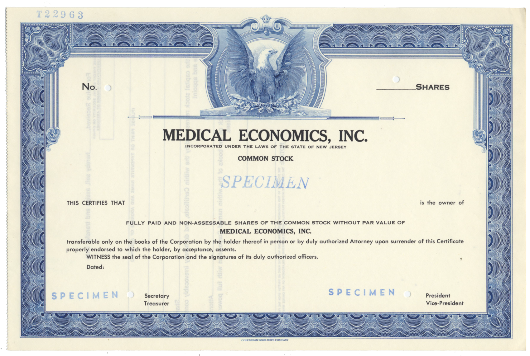 Medical Economics, Inc. Specimen Stock Certificate