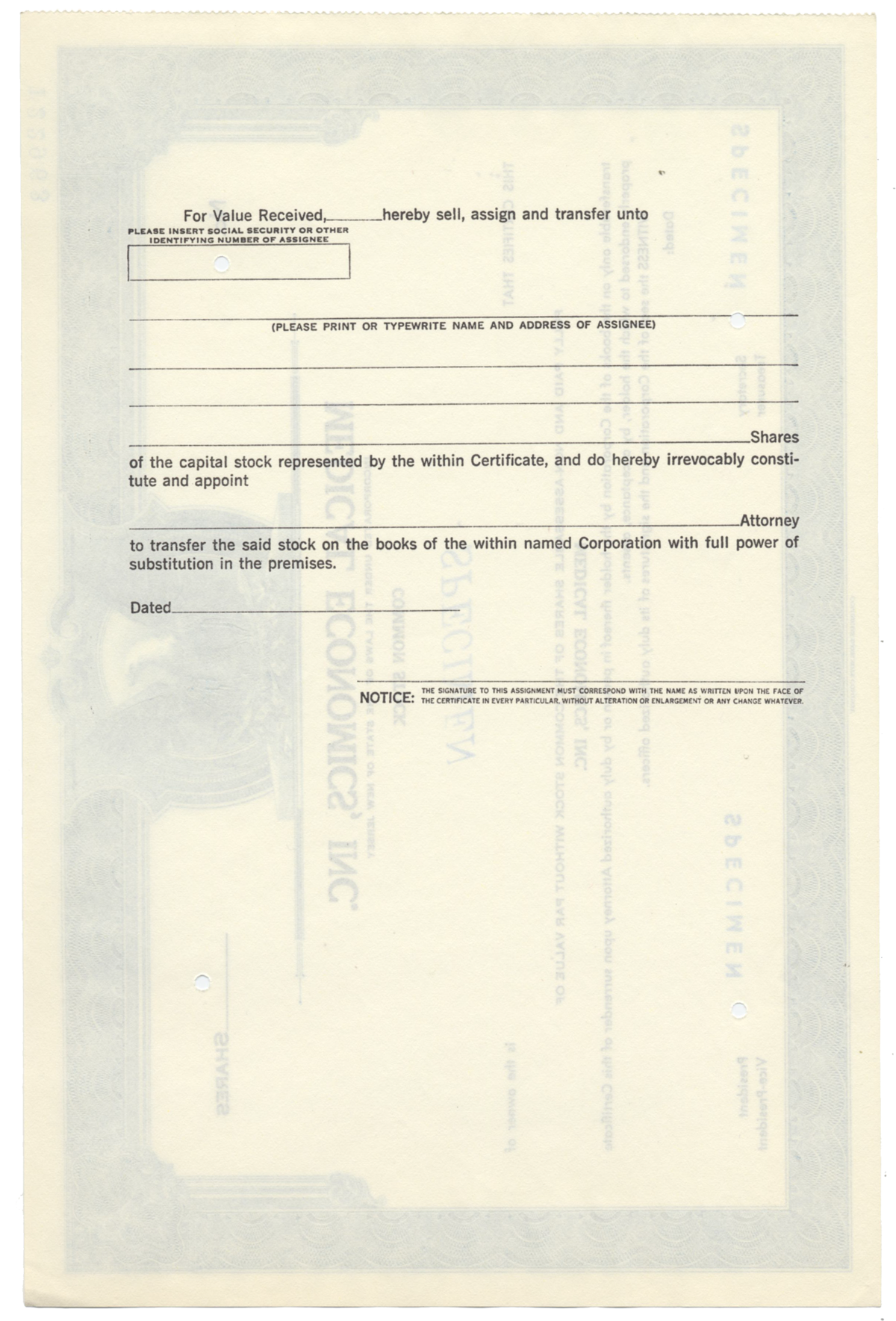 Medical Economics, Inc. Specimen Stock Certificate