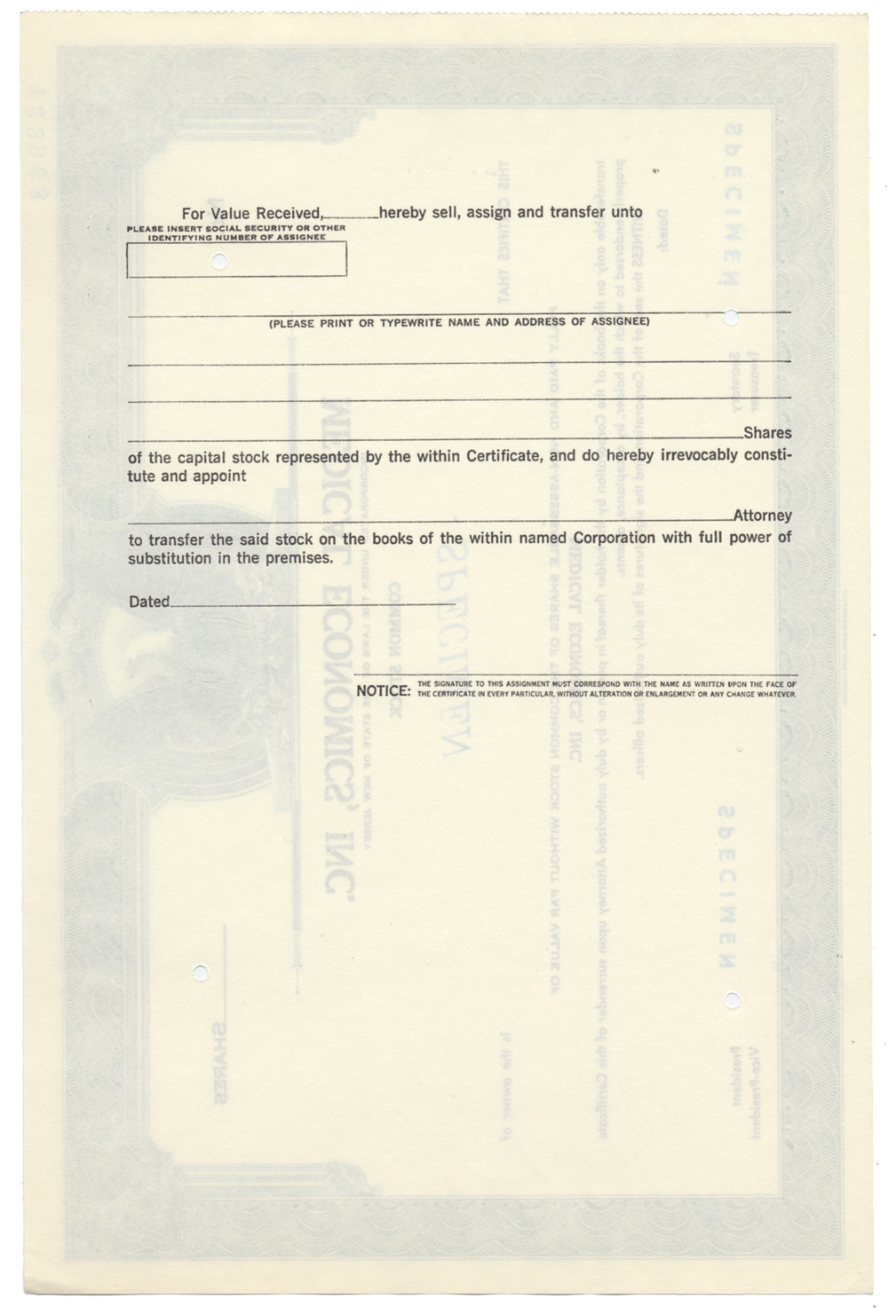 Medical Economics, Inc. Specimen Stock Certificate