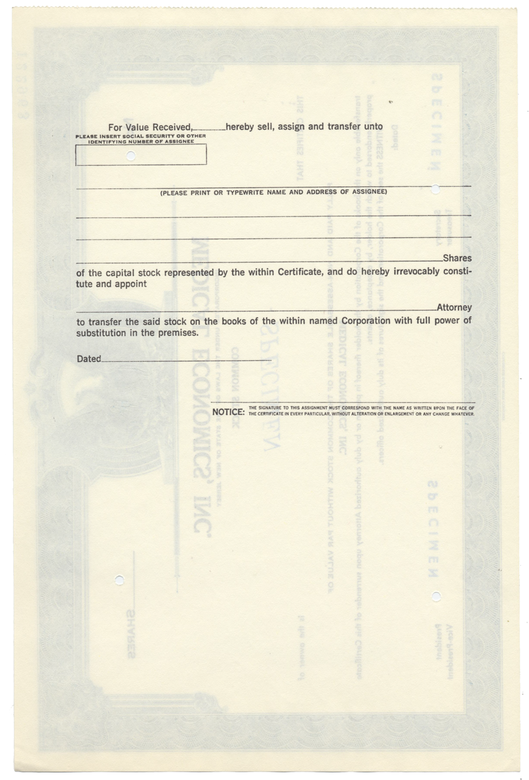 Medical Economics, Inc. Specimen Stock Certificate