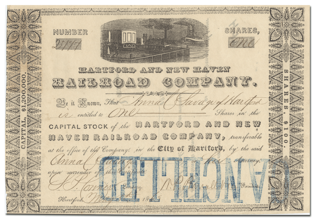 Hartford and New Haven Railroad Company Stock Certificate