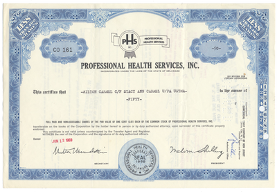 Professional Health Services, Inc. Stock Certificate