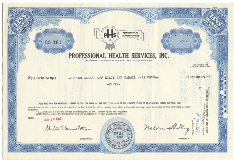 Professional Health Services, Inc. Stock Certificate