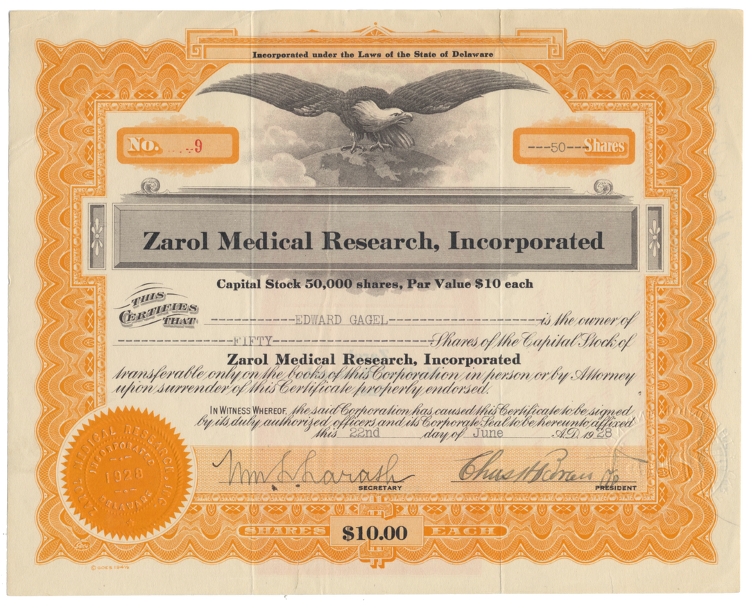 Zarol Medical Research, Incorporated Stock Certificate