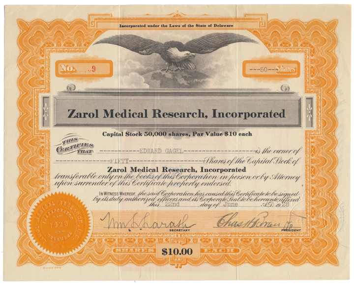 Zarol Medical Research, Incorporated Stock Certificate