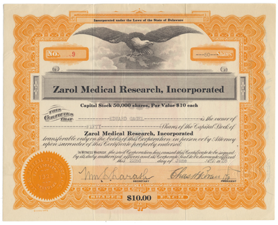 Zarol Medical Research, Incorporated Stock Certificate