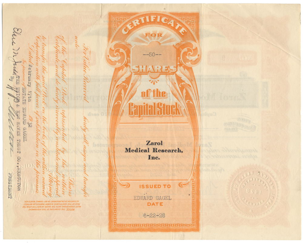 Zarol Medical Research, Incorporated Stock Certificate