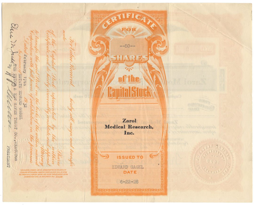 Zarol Medical Research, Incorporated Stock Certificate