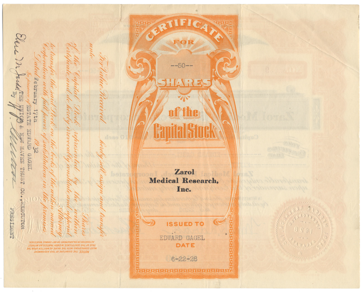 Zarol Medical Research, Incorporated Stock Certificate