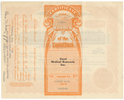 Zarol Medical Research, Incorporated Stock Certificate
